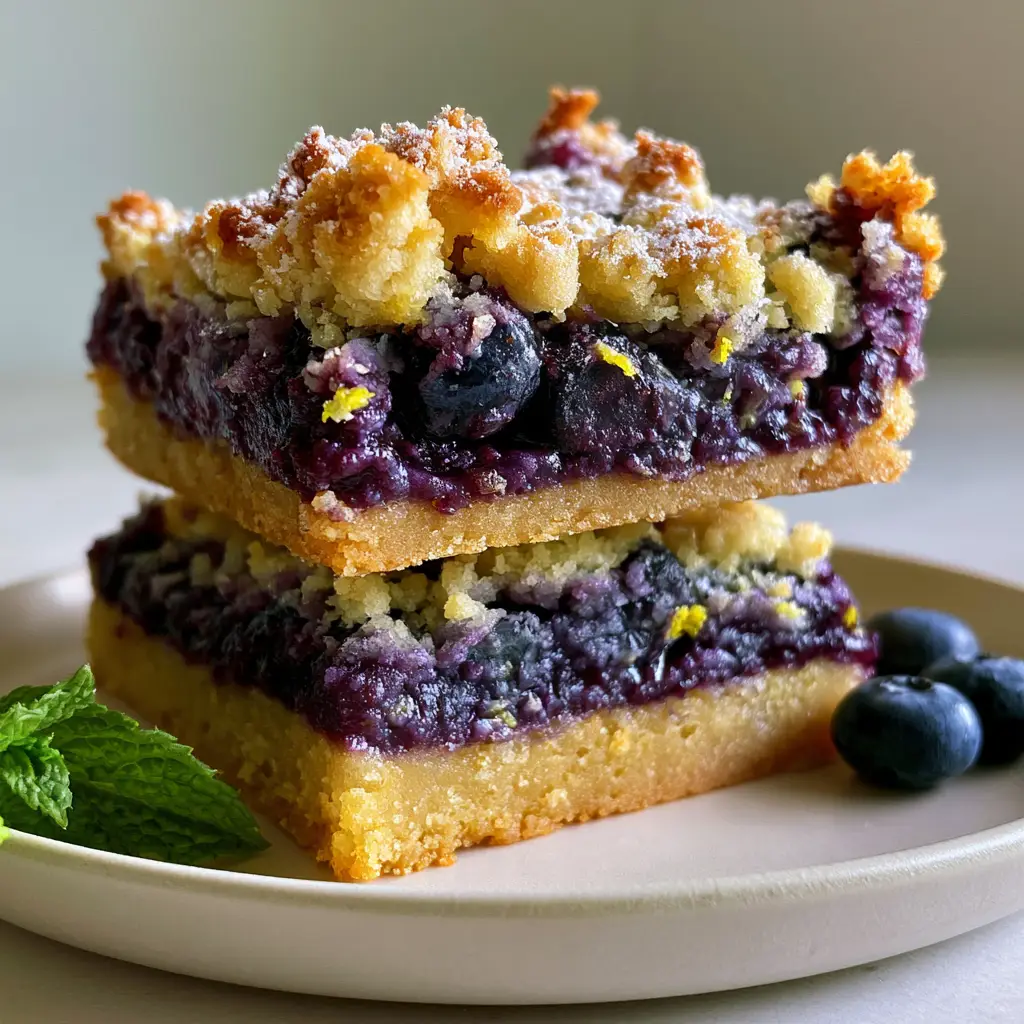 Close up of the sandy shortbread crust and thick jammy blueberry filling of a lemon pie bar.