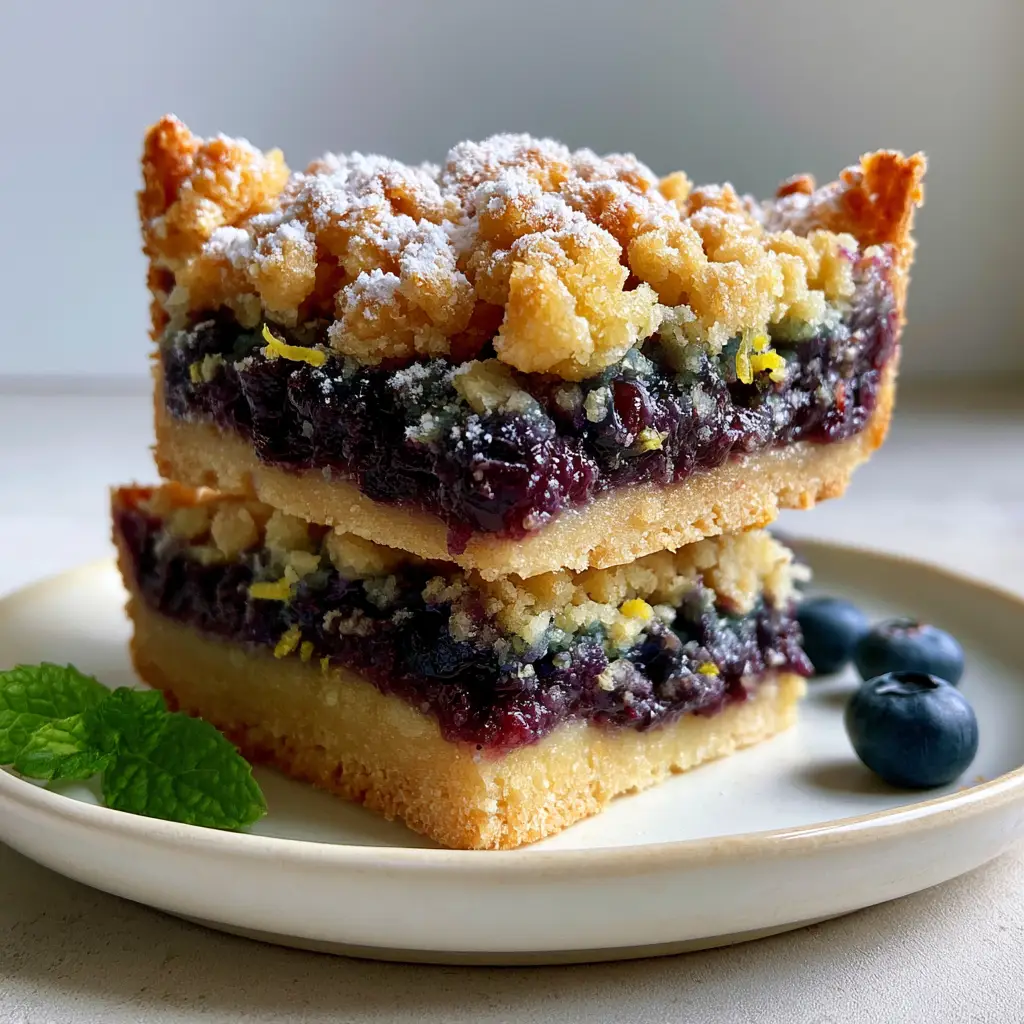 Blueberry Lemon Pie Bars with a Jammy Filling and Buttery Crumble 1 A stack of Blueberry Lemon Pie Bars featuring a golden-tan buttery crumble and a light dusting of powdered sugar.