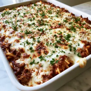 Close-up of Baked Spaghetti Casserole showing chunky ground beef, thick marinara, and swirls of white cream cheese under melted mozzarella.