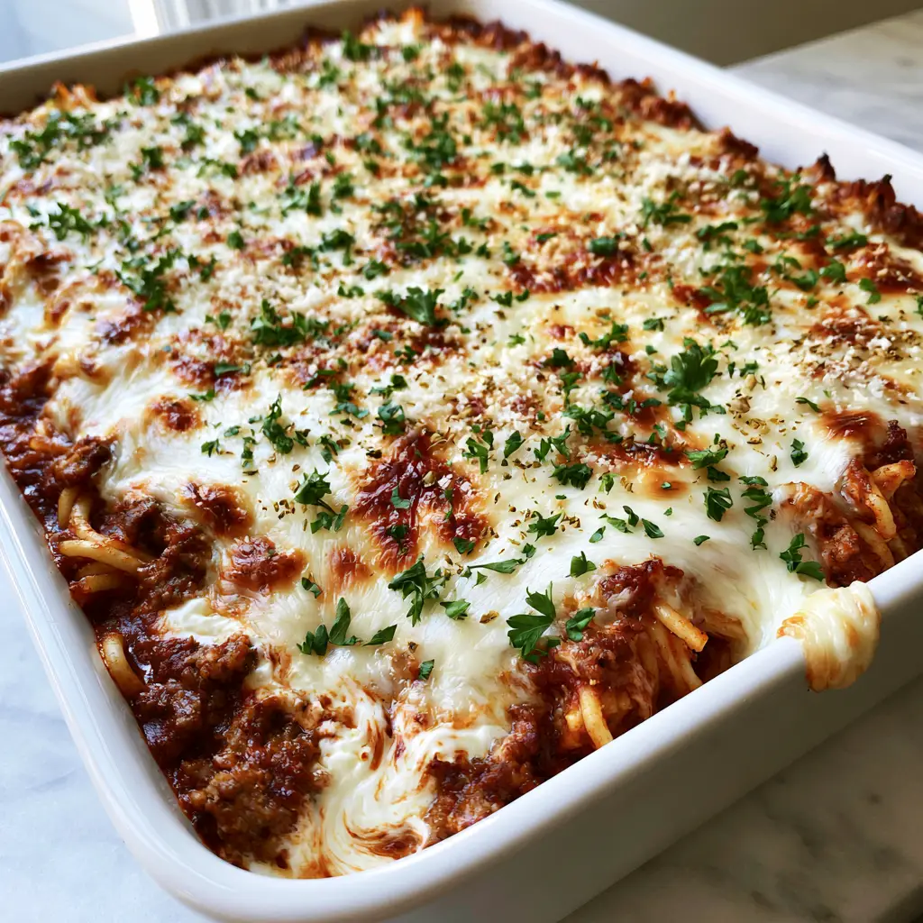 Baked Spaghetti Casserole: The Ultimate Cheesy Comfort Food 2 Close-up of Baked Spaghetti Casserole showing chunky ground beef, thick marinara, and swirls of white cream cheese under melted mozzarella.