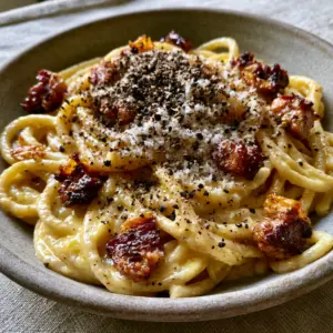 Macro shot of al dente spaghetti strands coated in a pale-yellow glossy sauce (Authentic Italian recipes).