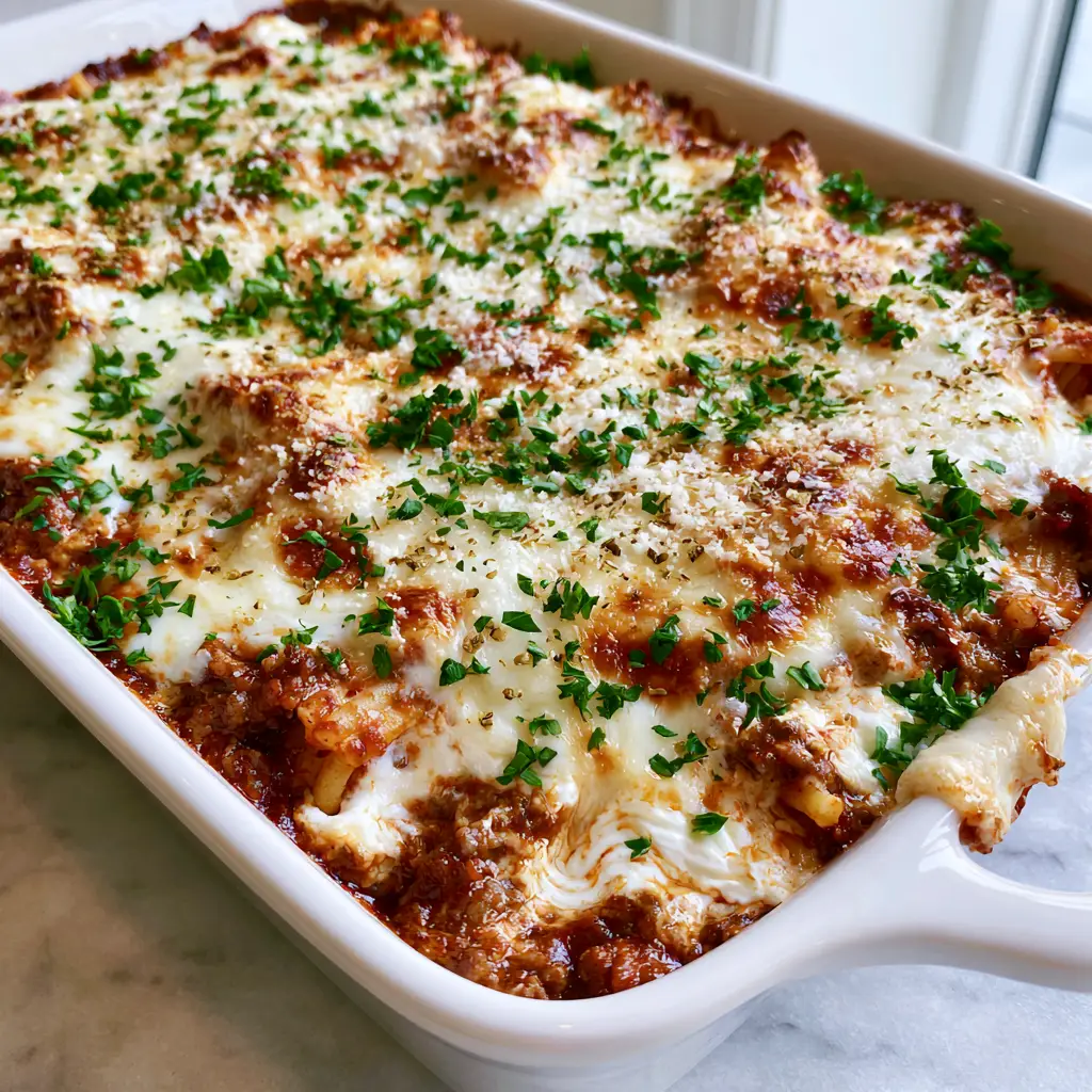 Baked Spaghetti Casserole: The Ultimate Cheesy Comfort Food 1 Baked Spaghetti Casserole fresh out of the oven with localized golden-brown toasted cheese and bright green parsley.