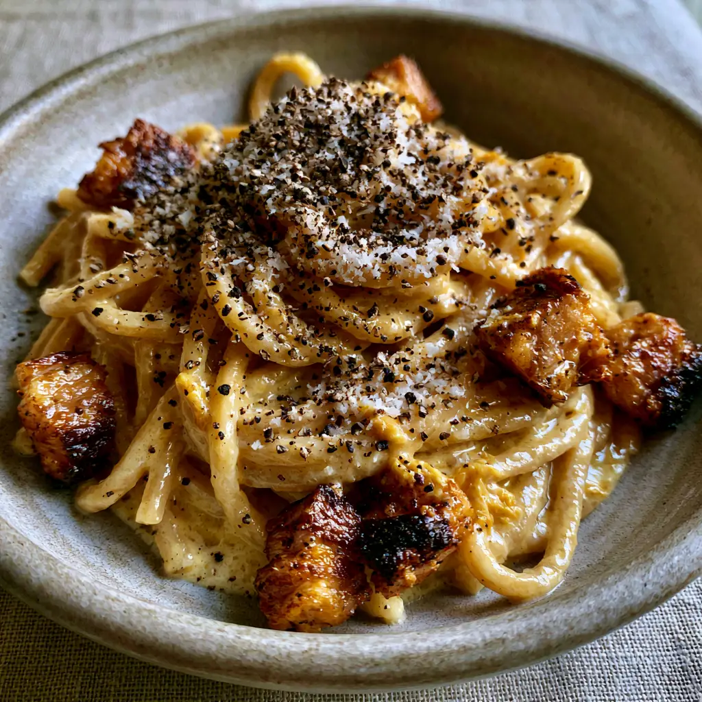 A shallow matte bowl filled with carbonara topped with a heavy snow of pecorino and charred guanciale cubes.