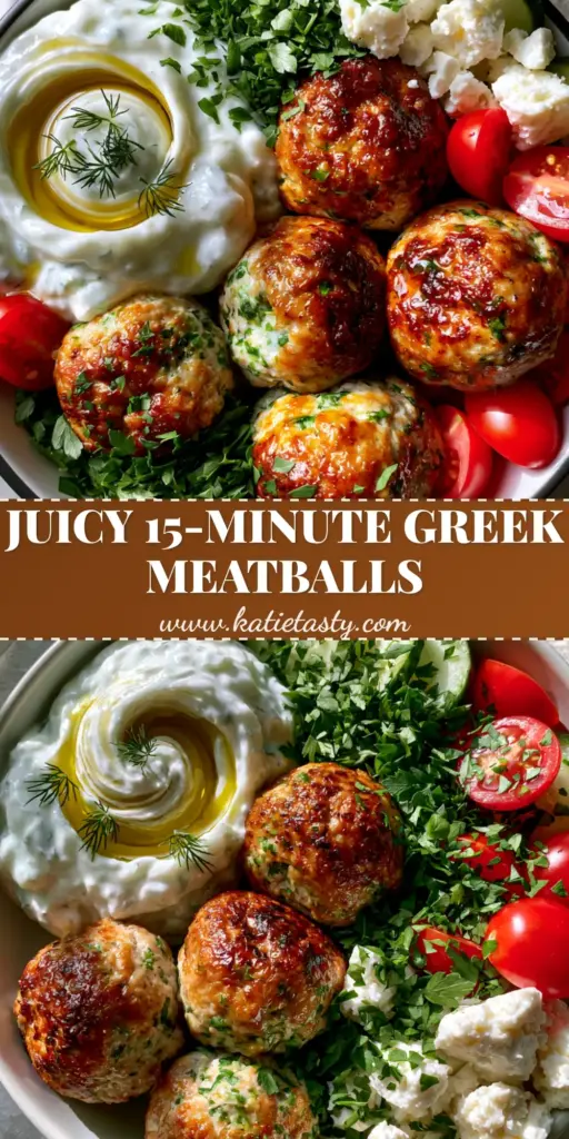 A high-angle photo of a meal prep bowl featuring five seared golden-brown Greek turkey meatballs, thick tzatziki, cucumber slices, and feta cheese crumbles.