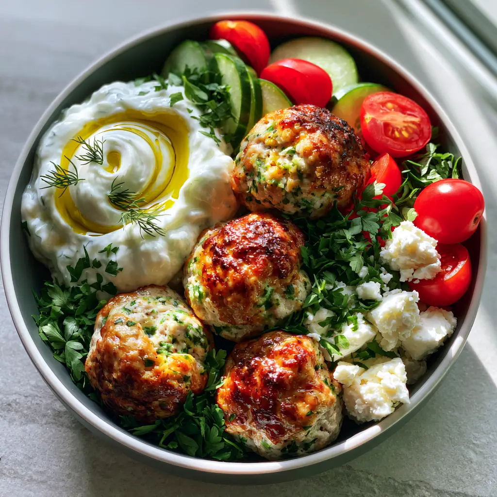 Handheld smartphone photo of a vibrant Mediterranean meal prep bowl with meatballs, tzatziki, and fresh veggies.