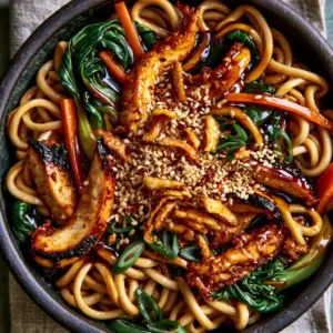 Top-down view of Garlic Chicken Lo Mein with thick wheat noodles, seared chicken, and vibrant bok choy in a dark bowl.