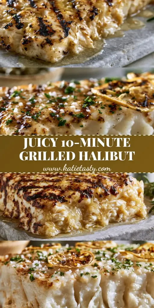 A premium Mediterranean Grilled Halibut fillet with dark charred marks and glossy lemon butter sauce on a grey plate.