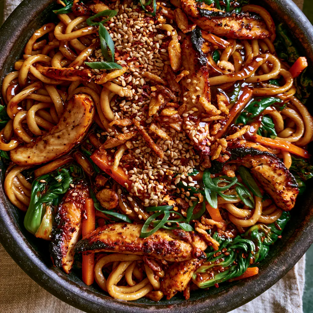 Close up of Garlic Chicken Lo Mein showing the texture of charred chicken breast and crispy garlic slivers.