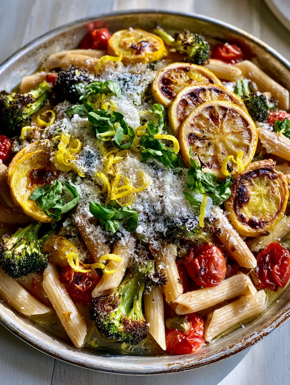 Smartphone photo of a colorful Pasta Primavera on a silver sheet pan, highlighting the glossy lemon garlic glaze and fresh basil chiffonade.