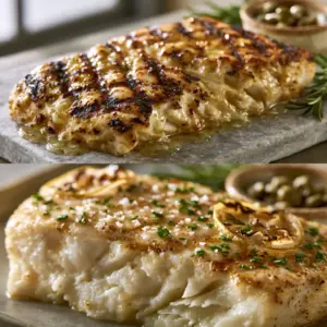 Overhead shot of Grilled Halibut with charred lemons and fresh rosemary garnish.