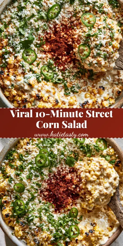 A close-up of Mexican Street Corn Salad in a ceramic bowl, showing fire-charred corn kernels, thick crema, crumbled cotija cheese, and sliced jalapeños.