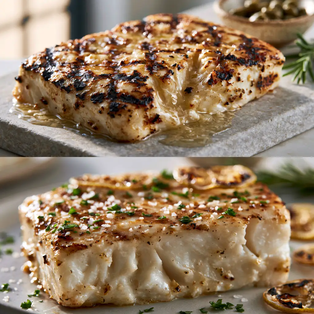 Macro shot of opaque white flaky interior of Grilled Halibut showing tender texture.