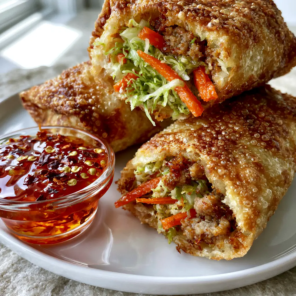 One egg roll cut in half revealing a steaming interior of green cabbage, orange carrots, and seasoned pork.