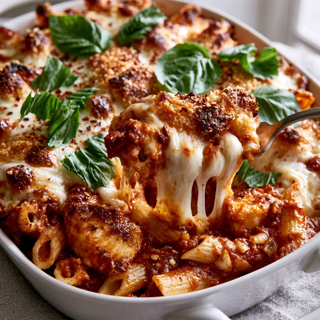 Chicken parmesan casserole: The Ultimate Ultra-Cheesy Family Dinner 2 Close-up of Chicken parmesan casserole showing blistered cheese edges and fresh basil garnish.