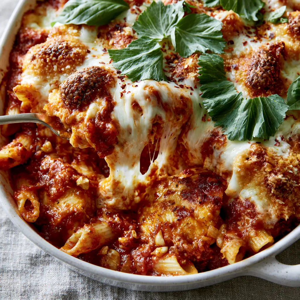Chicken parmesan casserole: The Ultimate Ultra-Cheesy Family Dinner 1 Detailed view of chunky marinara and seared chicken chunks inside a Chicken parmesan casserole.