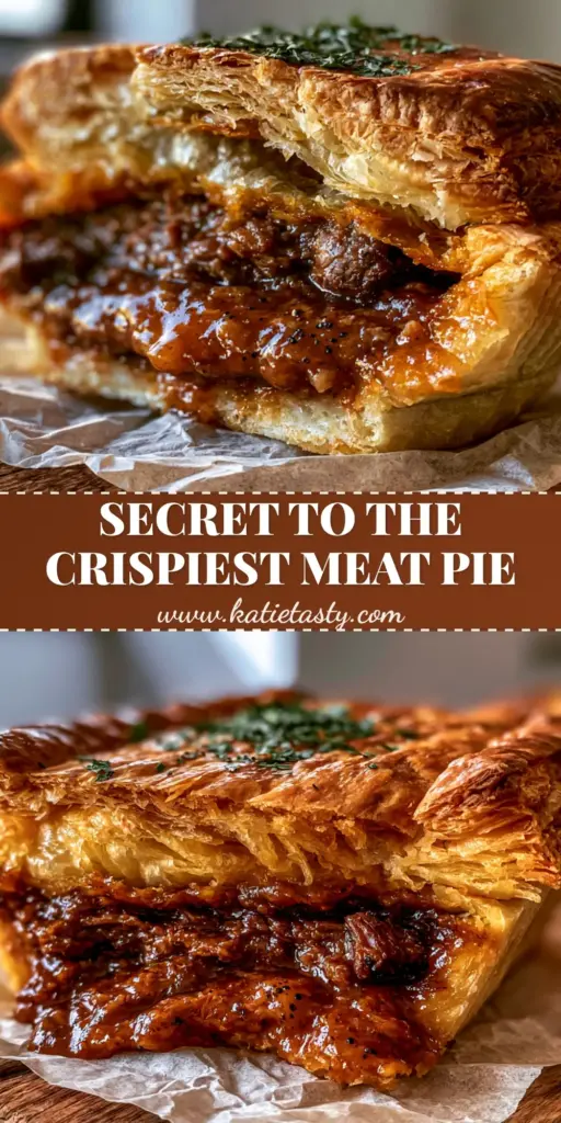 Australian Meat Pie Recipe: The Ultimate Flaky and Savory Aussie Classic 4 A close-up shot of an Australian meat pie sliced in half showing the thick beef gravy and flaky golden lid on parchment paper.