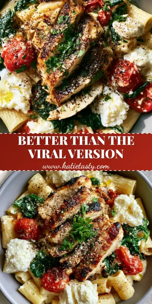 A vertical overhead shot of Mediterranean Chicken Feta Pasta with seared chicken, rigatoni, and blistered tomatoes in a matte bowl.