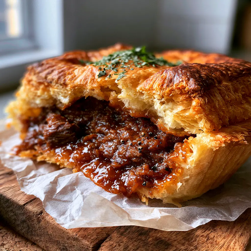 Australian Meat Pie Recipe: The Ultimate Flaky and Savory Aussie Classic 2 Interior view of an Australian meat pie highlighting the mahogany beef gravy and layered puff pastry.