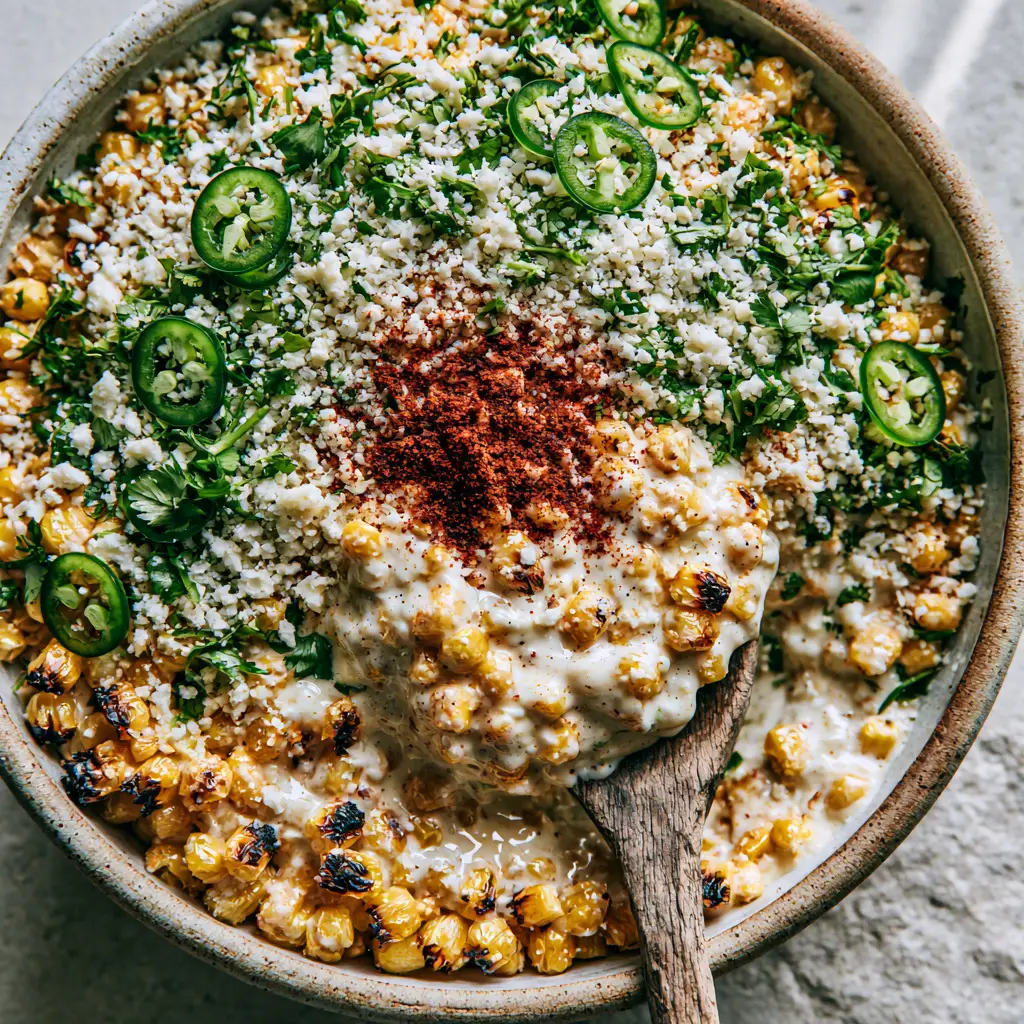A rustic wooden spoon lifting a heap of creamy Mexican Street Corn Salad topped with snow-like cotija cheese and vibrant green jalapeños.