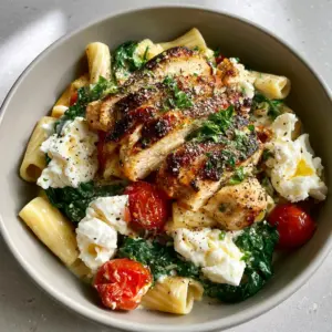 Close up of seared chicken breast and al dente rigatoni in a creamy feta sauce. (Mediterranean Chicken Feta Pasta)