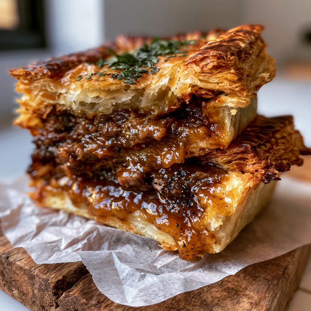 Australian Meat Pie Recipe: The Ultimate Flaky and Savory Aussie Classic 1 A whole Australian meat pie with a golden egg wash glaze and dried parsley garnish on a wooden board.