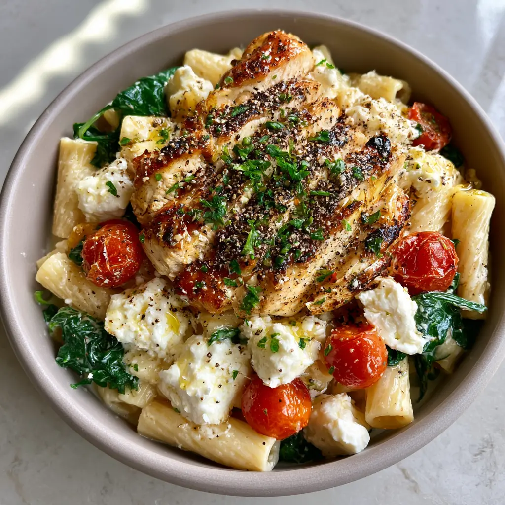 Overhead view of Mediterranean Chicken Feta Pasta with wilted spinach and burst cherry tomatoes.