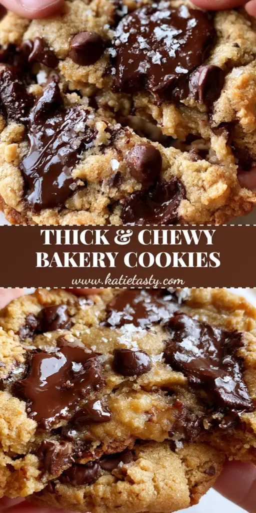 A close-up vertical shot of thick Joanna Gaines chocolate chip cookies with melted chocolate puddles and flaky sea salt on parchment paper.
