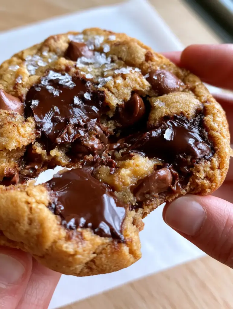 A handheld smartphone photo of a single thick Joanna Gaines chocolate chip cookie being pulled apart to reveal a soft gooey center.