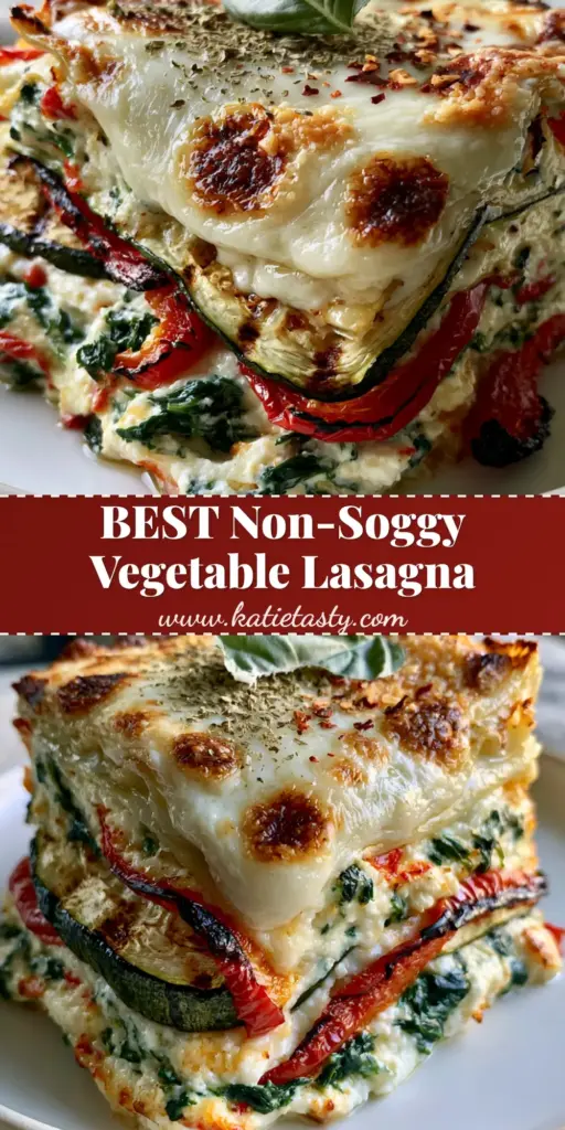A thick slice of vegetable lasagna standing tall with layers of roasted zucchini, charred peppers, and bubbly mozzarella cheese on a white plate.