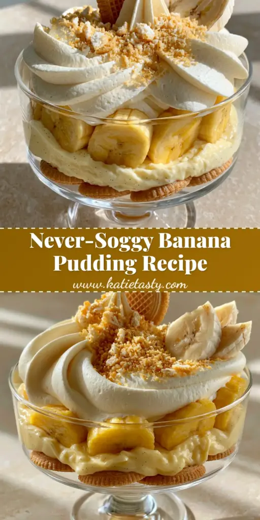 Homemade Banana Pudding with Thick Vanilla Bean Custard 3 A close-up of gourmet homemade banana pudding in a glass bowl featuring thick pastel-yellow custard, vanilla wafers, and billowy whipped cream.