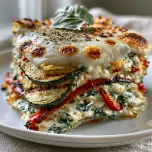 Macro photo of vegetable lasagna showing charred red bell pepper strips and thick emerald green spinach ricotta layers.