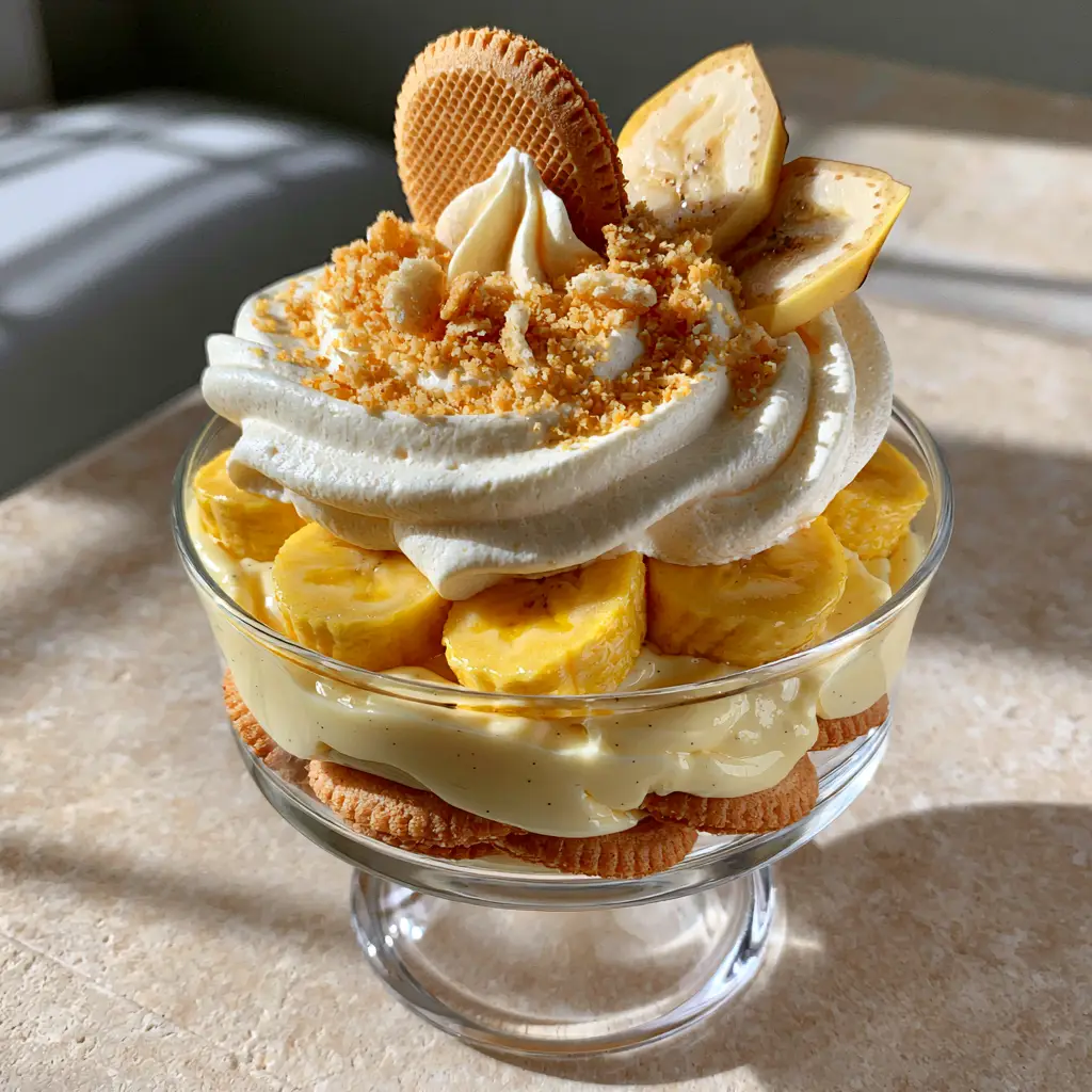 Smartphone photo of thick pastel-yellow vanilla bean custard layered with fresh banana rounds in a glass bowl. (homemade banana pudding)