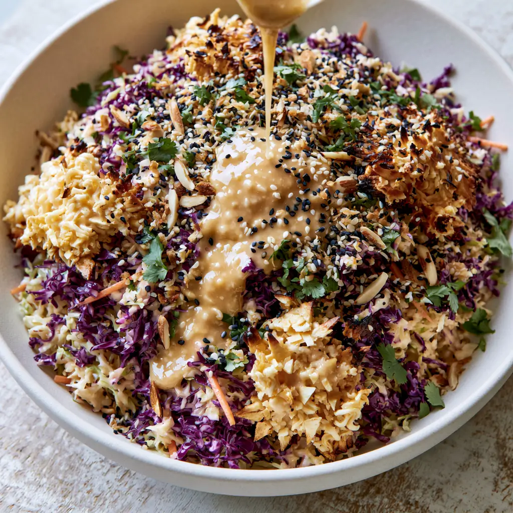 A wide shot of Asian Ramen Coleslaw garnished with black and white sesame seeds and fresh cilantro in a matte white bowl.