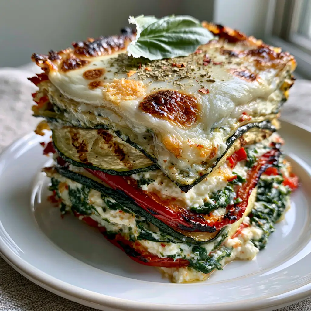A slice of vegetable lasagna featuring a toasted parmesan crust and fresh torn basil leaves on top.