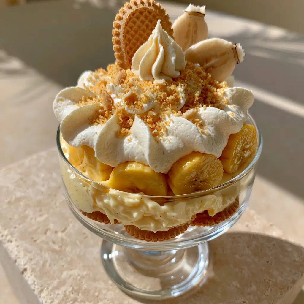 Homemade Banana Pudding with Thick Vanilla Bean Custard 1 A handheld photo showing the top view of billowy whipped cream garnished with cookie dust and a whole vanilla wafer.