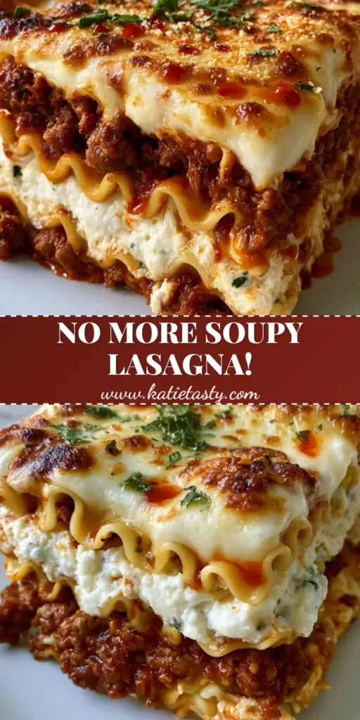 A tall, perfectly standing thick slice of classic homemade lasagna on a white plate showing distinct layers of wavy noodles, ricotta, and meat sauce.