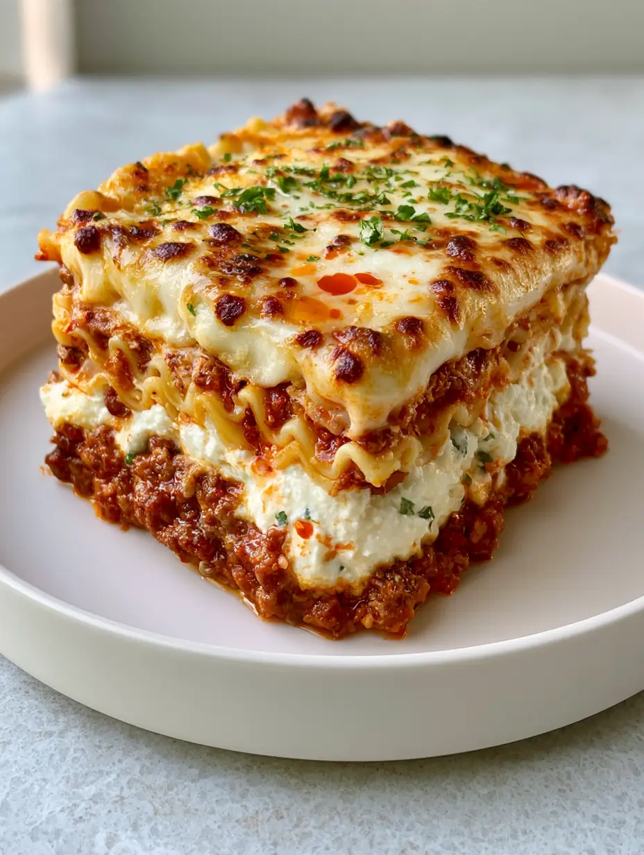 Close up of classic homemade lasagna layers with dense herb-flecked ricotta and chunky beef bolognese sauce.