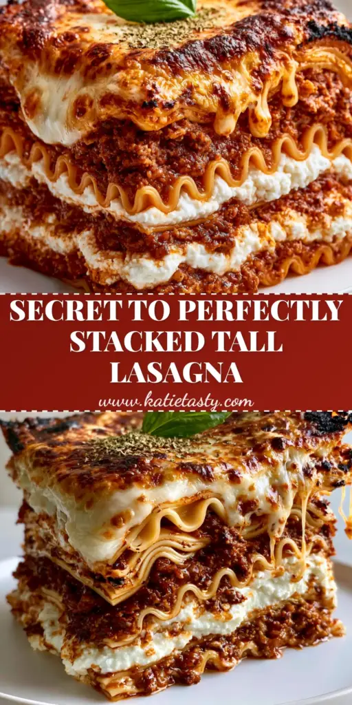 A massive tall square slice of homemade lasagna with 10 visible layers and a charred cheese crust on a white plate.
