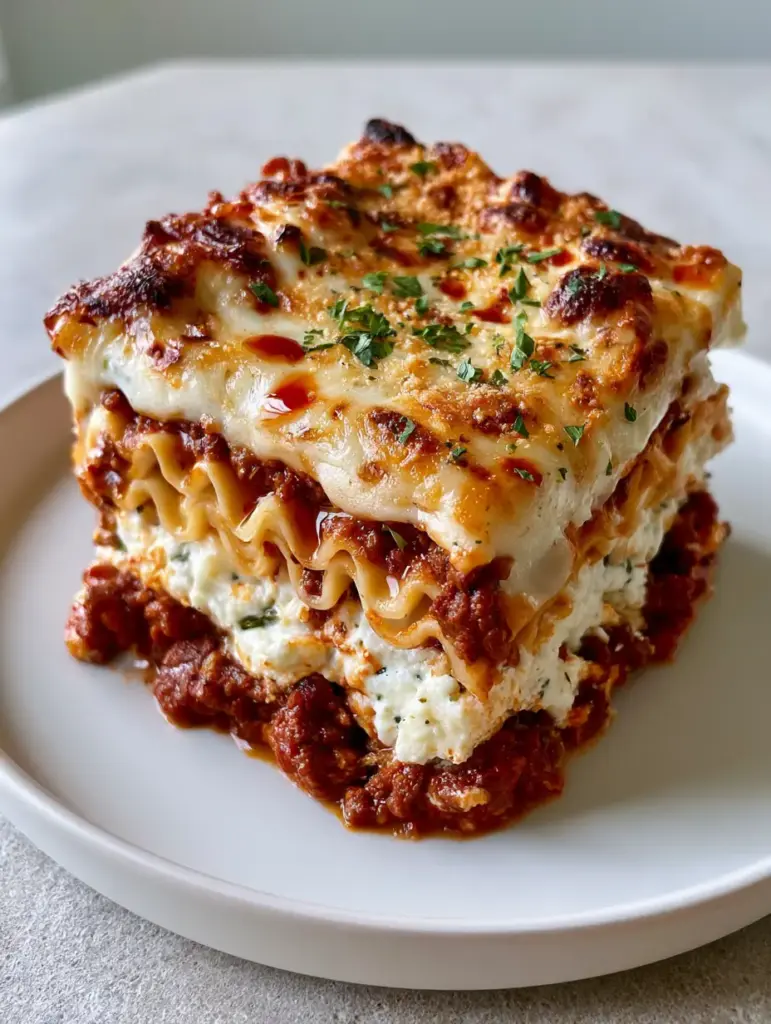 The toasted parmesan crust of a classic homemade lasagna with charred spots and fresh parsley garnish.