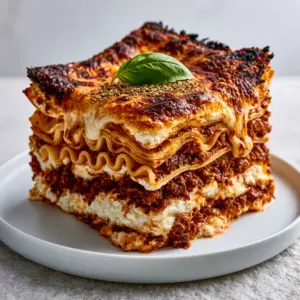 Side view of a 10-layer homemade lasagna slice showing wavy pasta and thick ricotta.