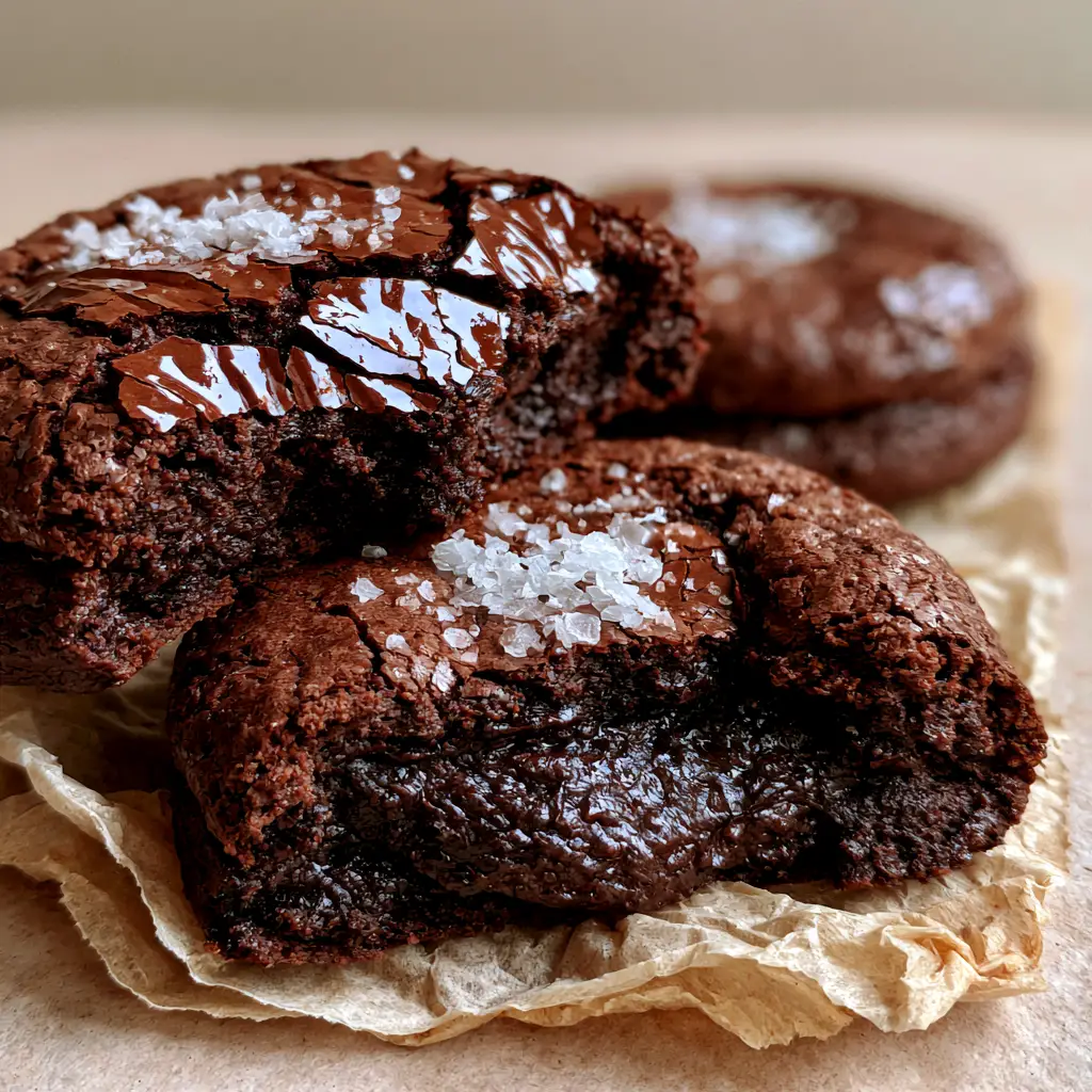 A smartphone photo of a single brownie cookie being held, revealing a dense dark chocolate interior. (brownie cookies)