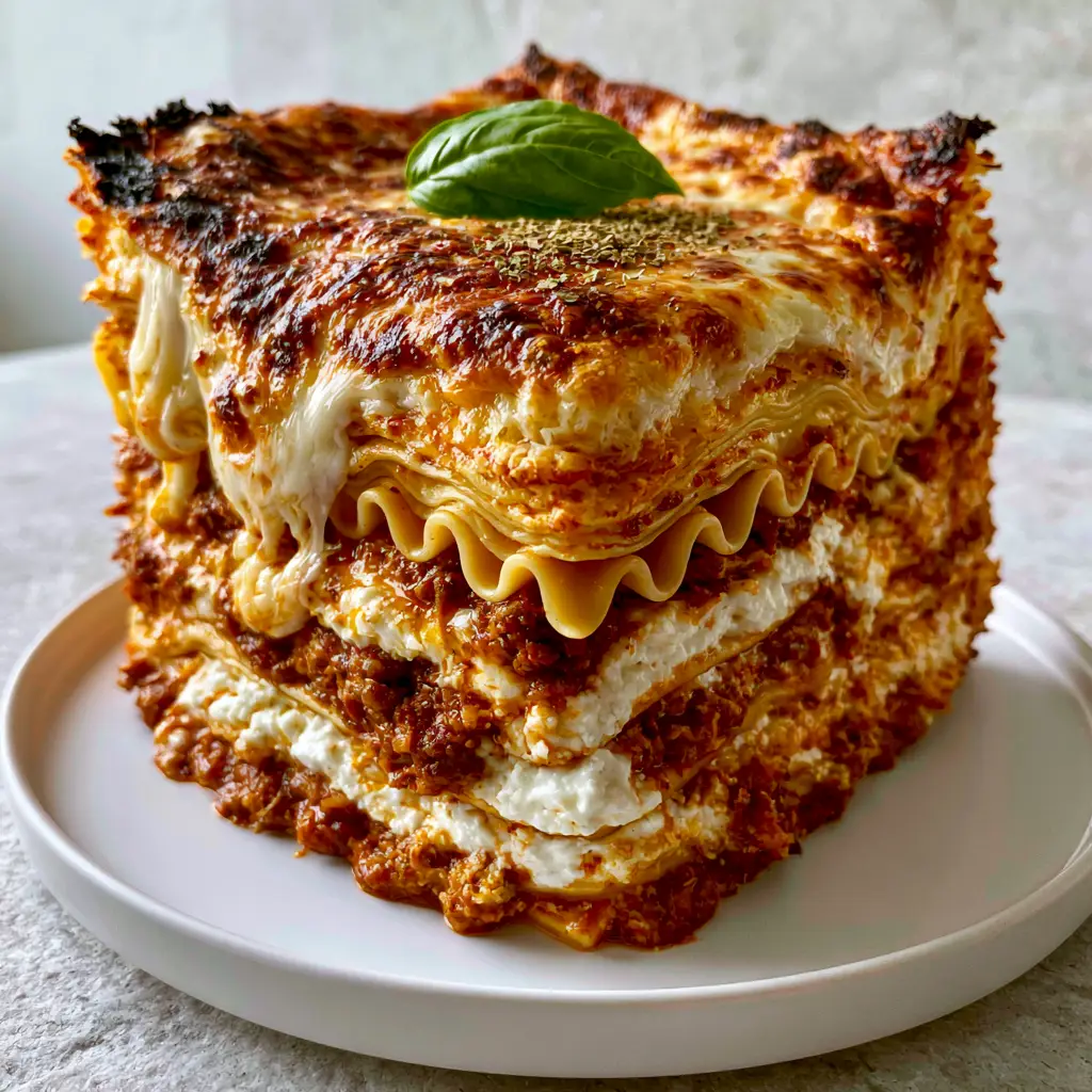 Close up of the charred cheese crust and molten mozzarella on top of a homemade lasagna.
