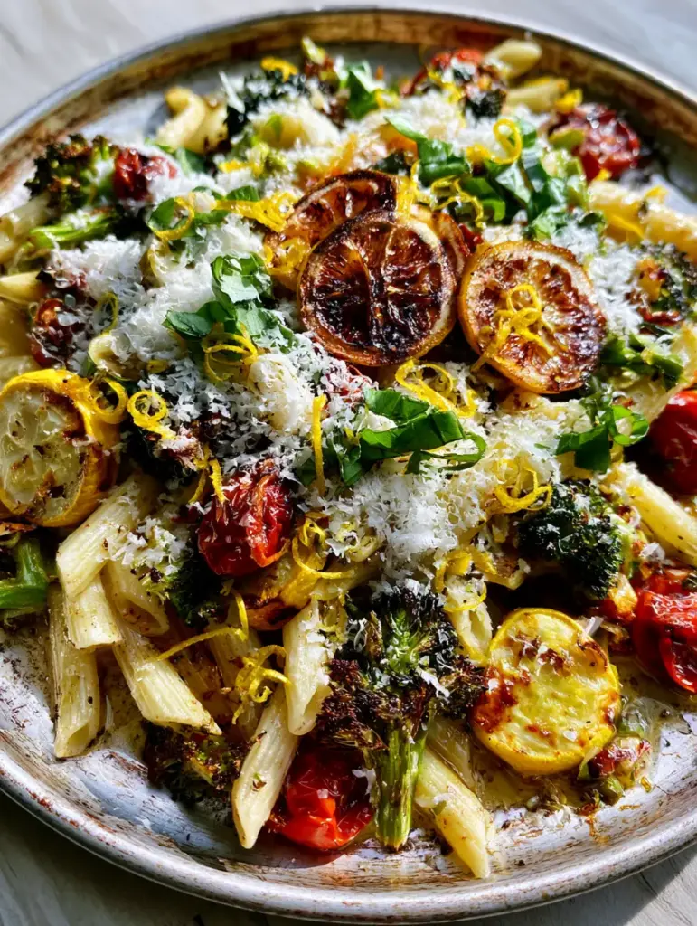 Close up of charred broccoli florets and roasted lemon rounds in a sheet pan Pasta Primavera topped with fluffy parmesan cheese.