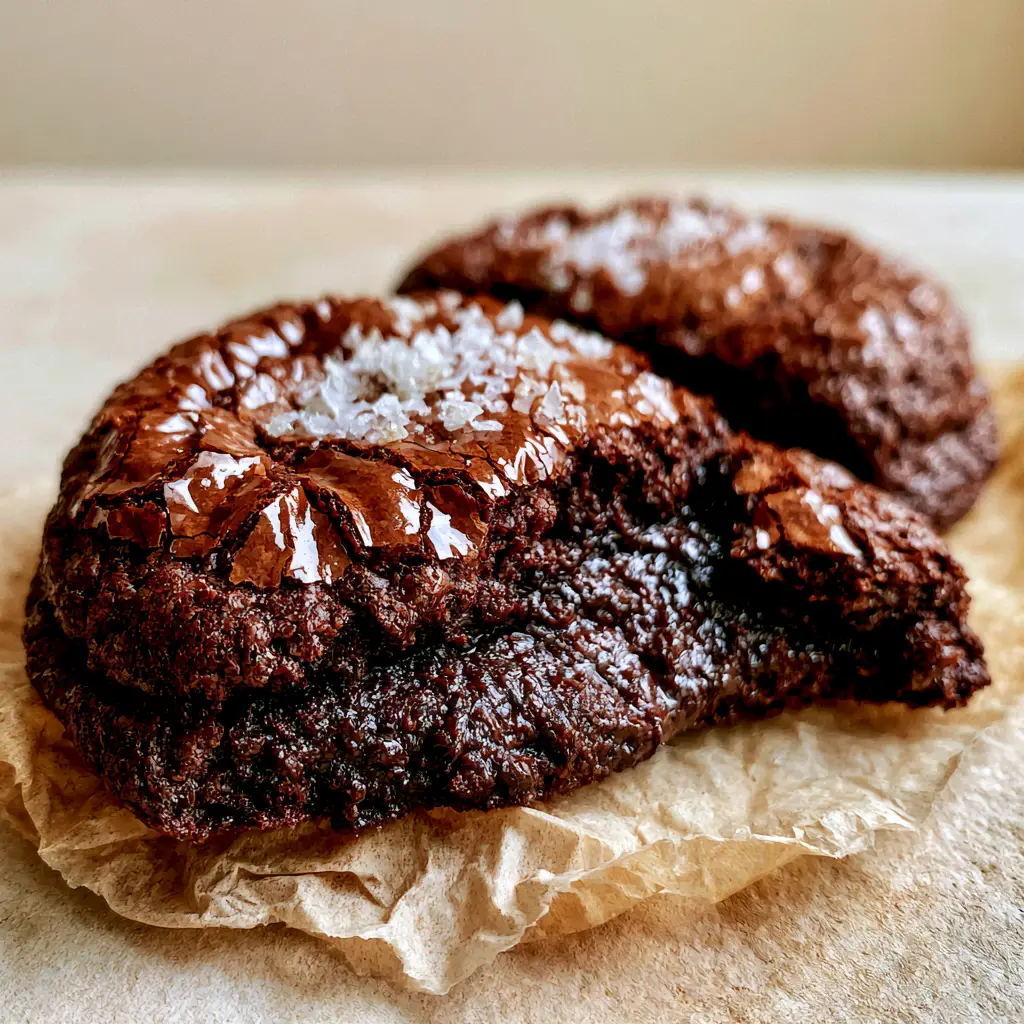Brownie Cookies: The Ultimate Fudgy Crinkle Top Recipe 1 Two brownie cookies resting on crumpled parchment paper with visible Maldon sea salt crystals.