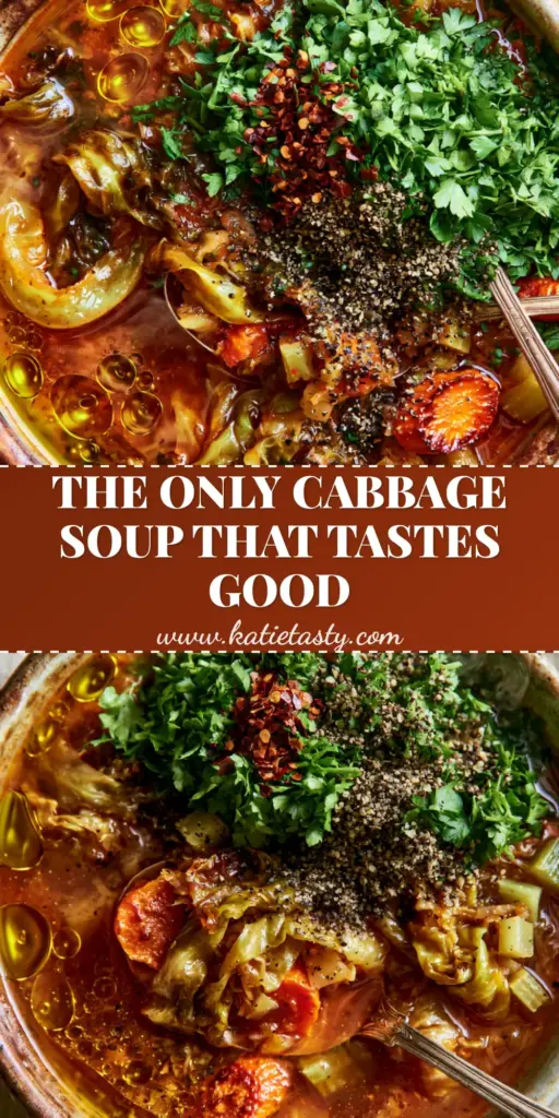 A rustic bowl of Cabbage Soup Diet featuring amber tomato broth, green cabbage ribbons, and roasted carrot coins with a vintage spoon.
