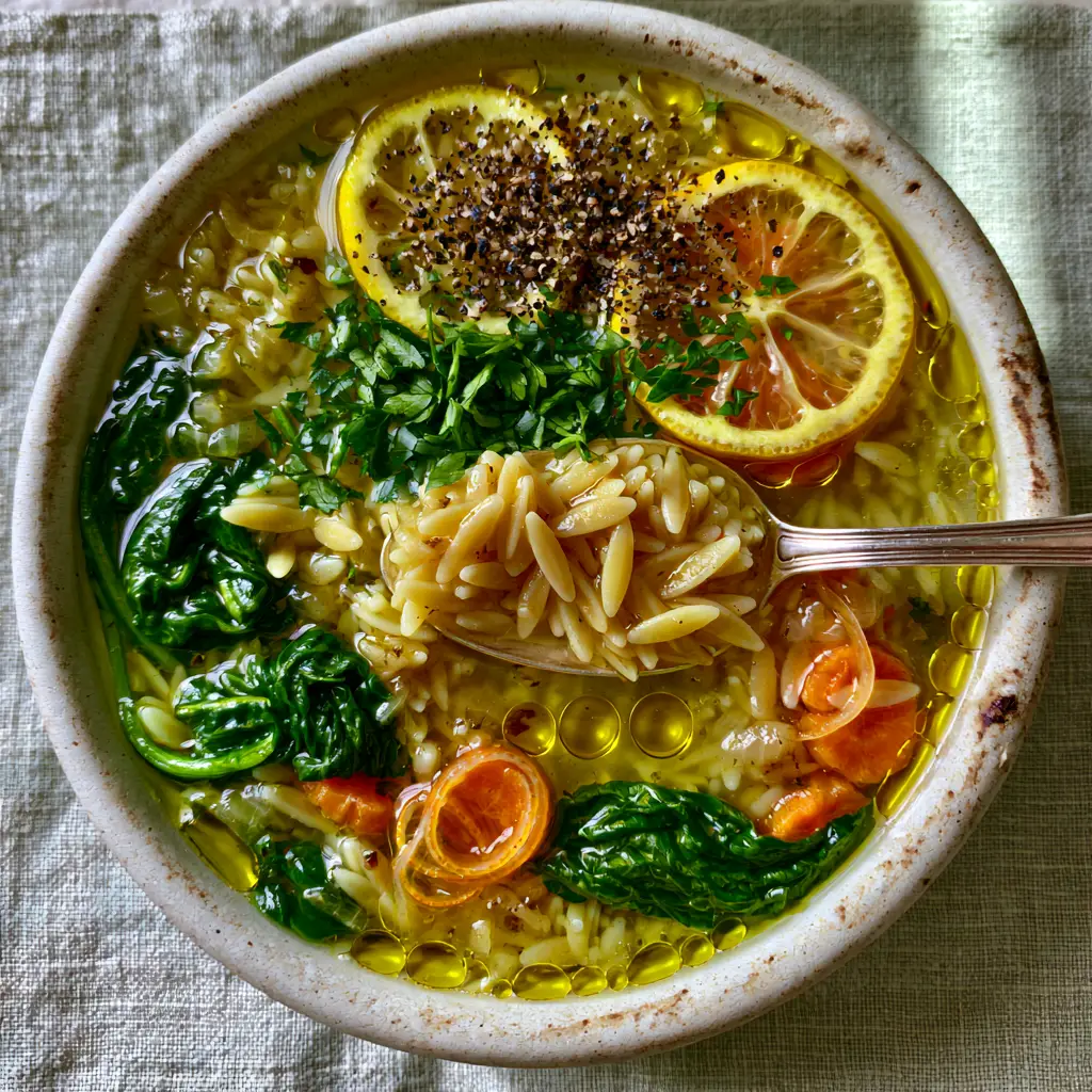 Vegetable Orzo Soup: The Ultimate 30-Minute Lemon & Spinach Comfort 2 Overhead view of a white ceramic bowl filled with vibrant vegetable orzo soup and fresh parsley. (vegetable orzo soup)