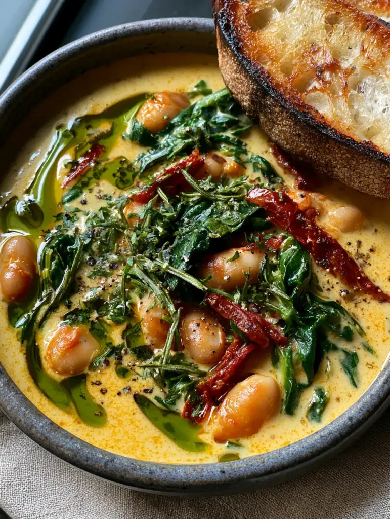 Tuscan White Bean Soup: Creamy, Hearty, and Ready in 30 Minutes 2 Top down smartphone photo of Tuscan White Bean Soup showing the golden broth, beans, and fresh rosemary garnish.