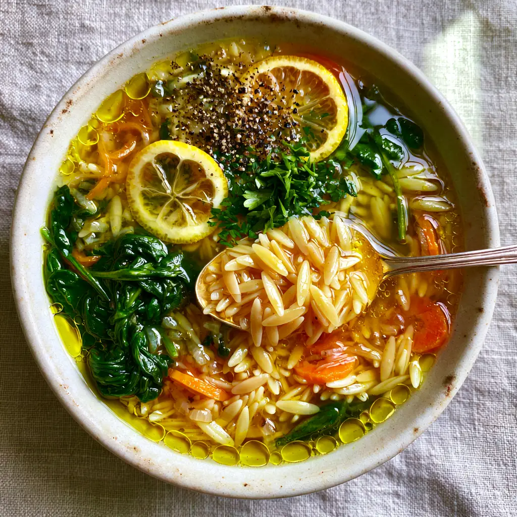 Vegetable Orzo Soup: The Ultimate 30-Minute Lemon & Spinach Comfort 1 Close up of a spoon lifting al dente pasta from a golden vegetable orzo soup with spinach and carrots.