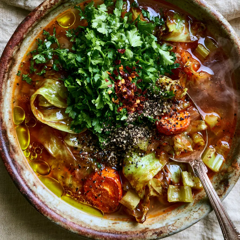Close up of thick green cabbage ribbons and roasted carrot coins in a translucent amber tomato broth (Cabbage Soup Diet).