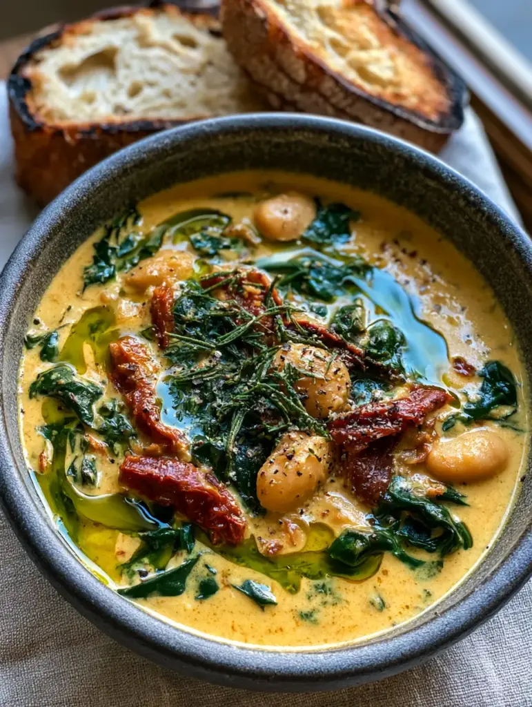 Tuscan White Bean Soup: Creamy, Hearty, and Ready in 30 Minutes 1 A side view of the rustic bean soup bowl with a thick slice of charred sourdough bread on a linen napkin.